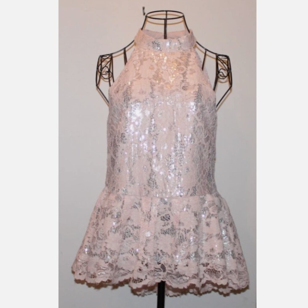 Peach Lace Tunic Sleeveless Halter Neck Micro Mini Dress Silver Sequin Top 10